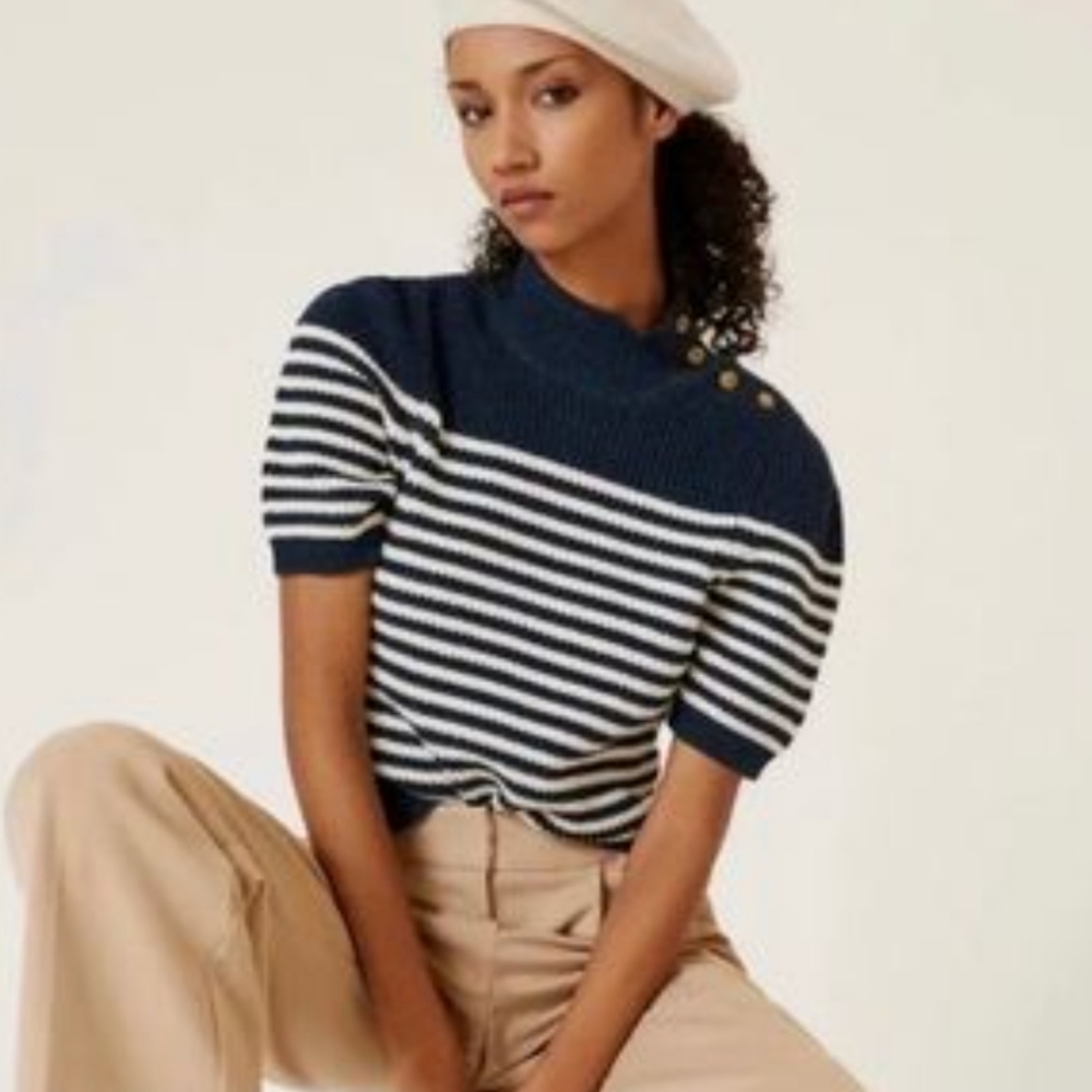Maeve Parisian Breton Navy and Cream Stripe Top w Button Accent M